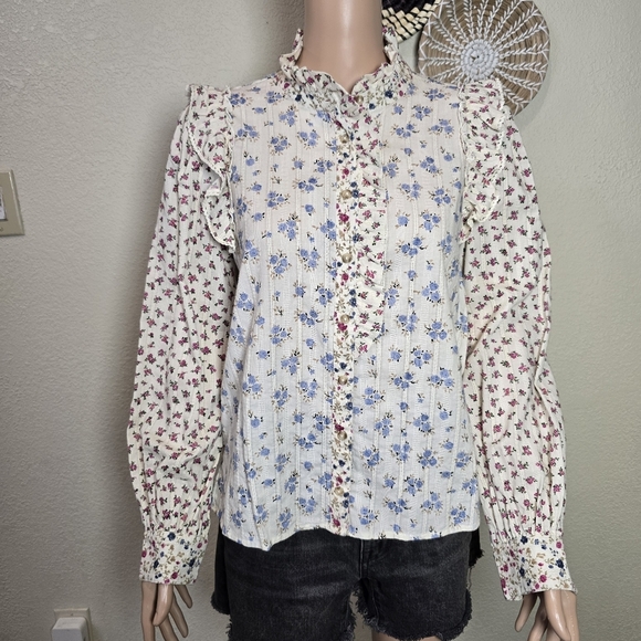 Sézane Women’s 36 (US 4) Cream Blue Pink Floral Ruffle Top Blouse - Picture 1 of 11